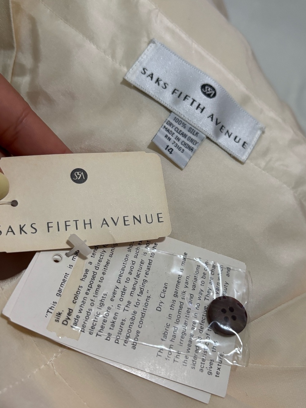 NWT SAKS FIFTH AVENUE Women’s Silk Cream Button-Front V-Neck Midi Dress - Picture 10 of 15
